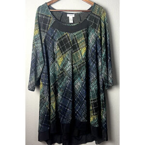 Catherines Womens 2X Blue Green Black Whimsigoth Sheer Trim Tunic Top Blouse